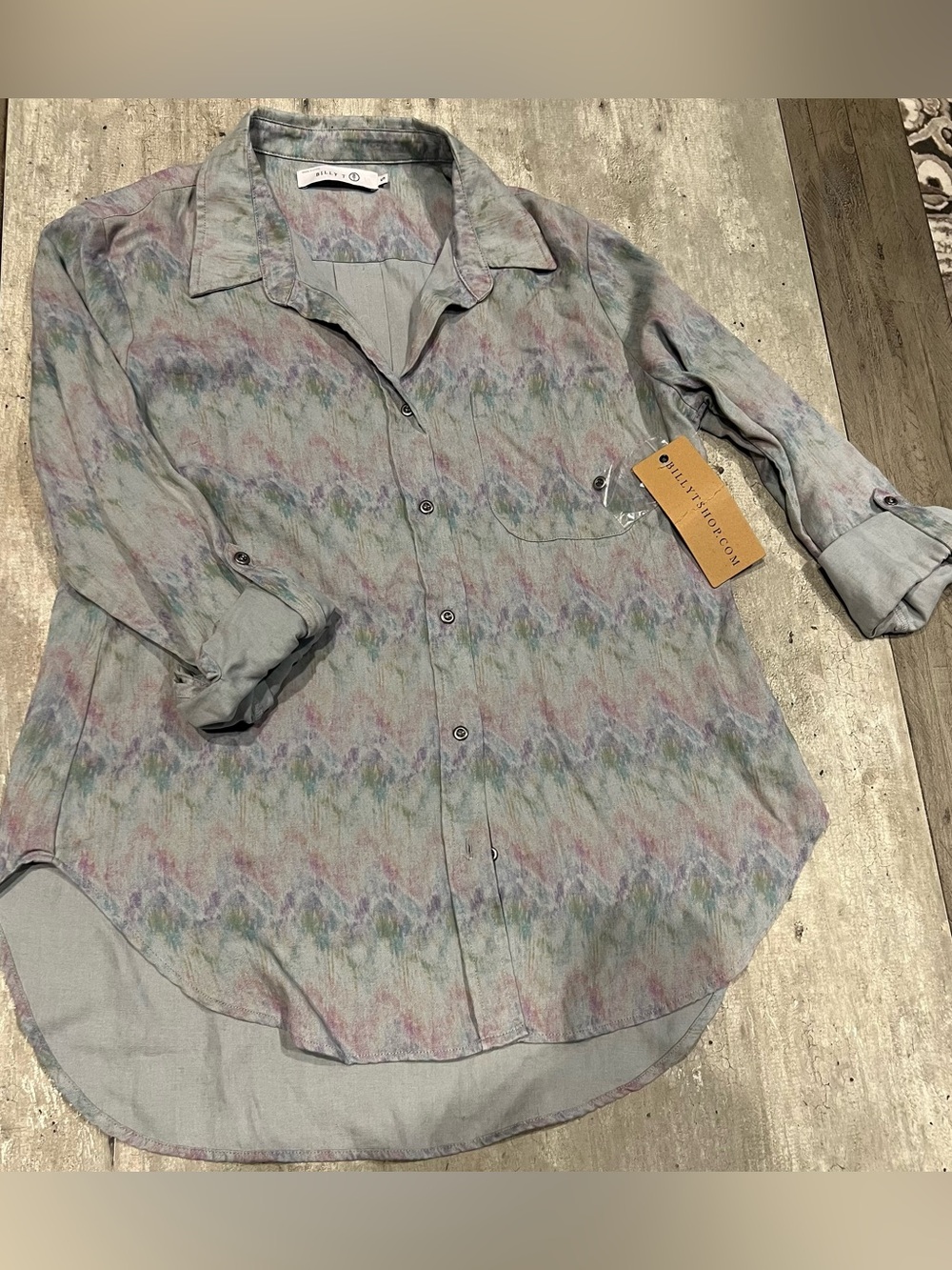 NWT BILLY T Colorburst Rainbow Tribal pastel watercolor button down chambray